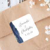 Agate Navy Blue Silver Script Wedding Quadratischer Aufkleber