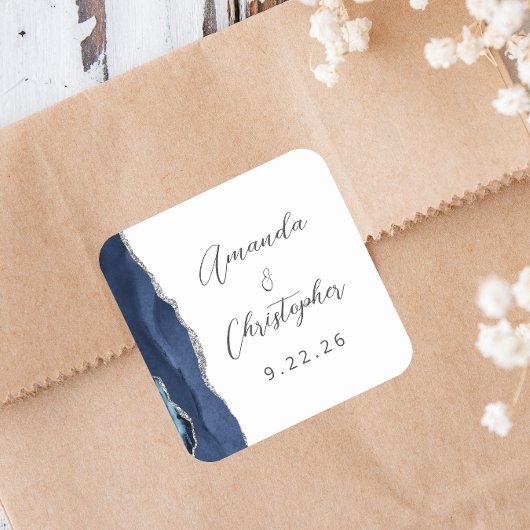 Agate Navy Blue Silver Script Wedding Quadratischer Aufkleber