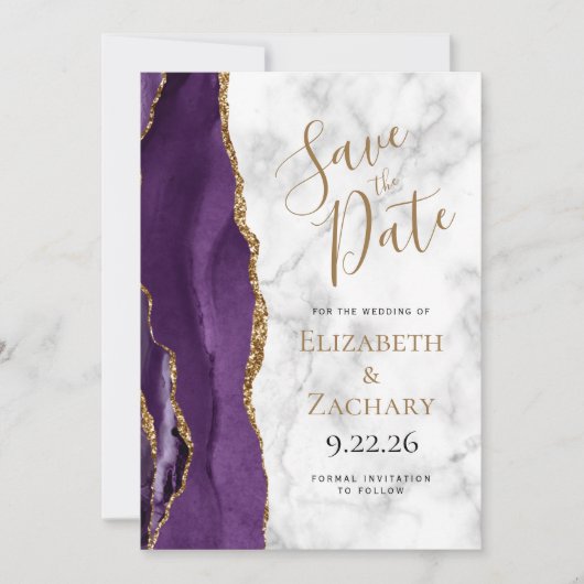 Agate Purple Gold Marble 5-Photo Save the Date Einladung (Vorderseite)