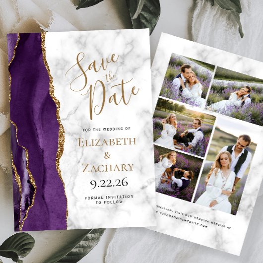 Agate Purple Gold Marble 5-Photo Save the Date Einladung