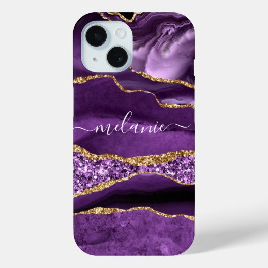 Agate Purple Gold Marble Custom Name iPhone Case (Rückseite)