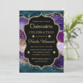 Agate Quinceanera, aquamariner, Lila und Gold Glit Einladung (Stehend Vorderseite)