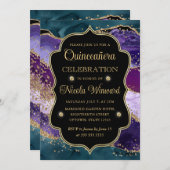 Agate Quinceanera, aquamariner, Lila und Gold Glit Einladung (Vorne/Hinten)