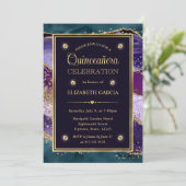 Agate Quinceanera, aquamariner, Lila und Gold Glit Einladung (Stehend Vorderseite)