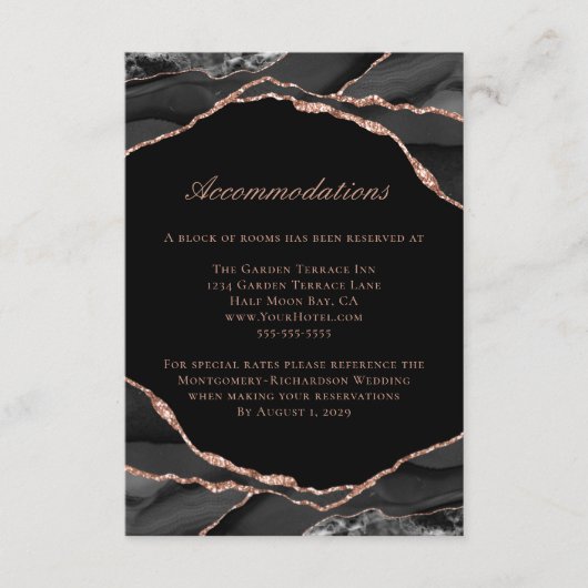 Agate Rose Gold Foil Black Wedding Unterkünfte Begleitkarte (Vorderseite)