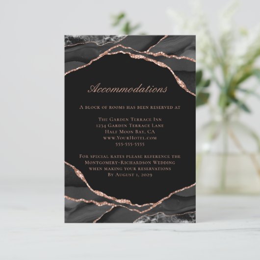 Agate Rose Gold Foil Black Wedding Unterkünfte Begleitkarte (Stehend Vorderseite)