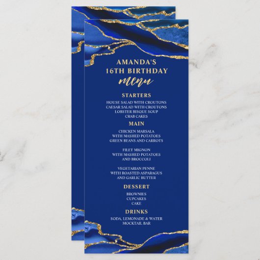 Agate Royal Blue and Gold Menu Menükarte (Vorne/Hinten)