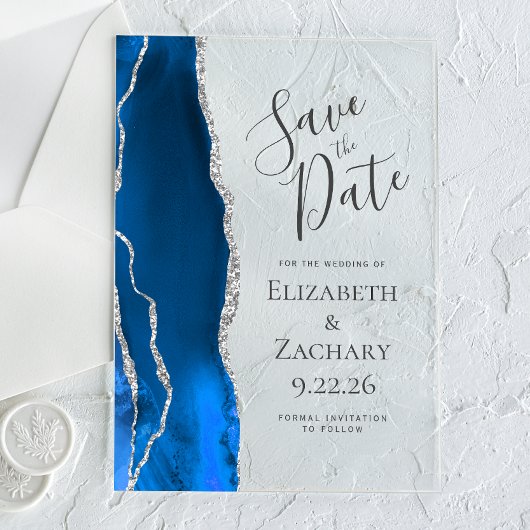 Agate Royal Blue Silver Wedding Save the Date Acryleinladungen