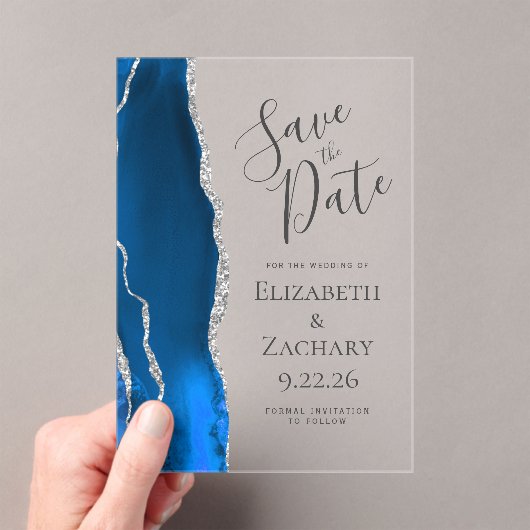 Agate Royal Blue Silver Wedding Save the Date Acryleinladungen (Insitu (Handheld))