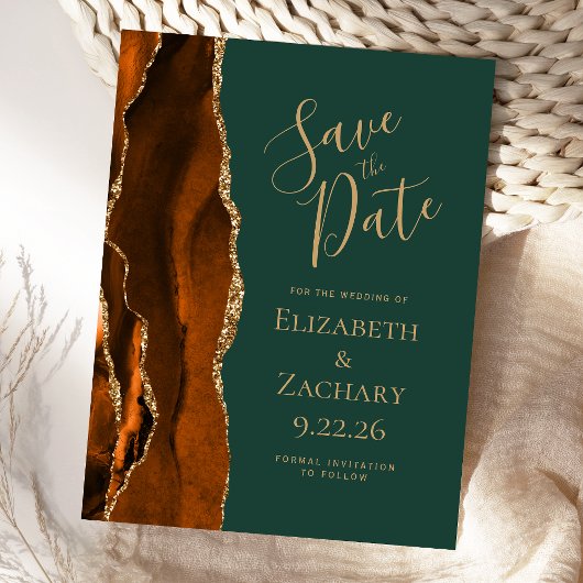 Agate Rust Gold Emerald Green Save the Date Ankündigungspostkarte