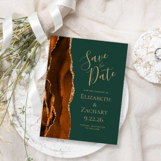 Agate Rust Gold Emerald Green Save the Date Ankündigungspostkarte
