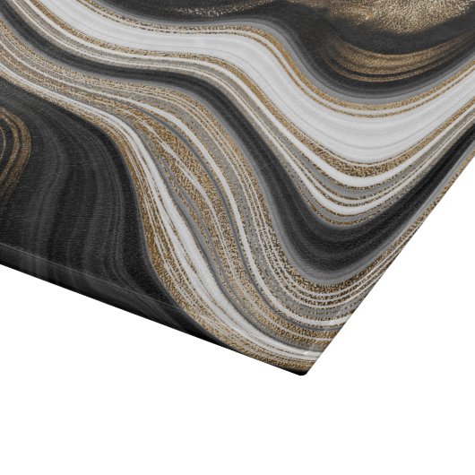 Agate Schwarz-weißer und goldener flüssiger Marmor Schneidebrett (Ecke)