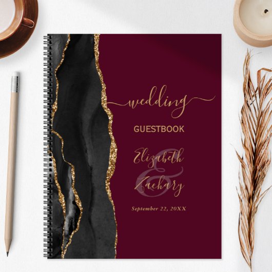 Agate Script Black Gold Burgundy Wedding Guest Notizblock