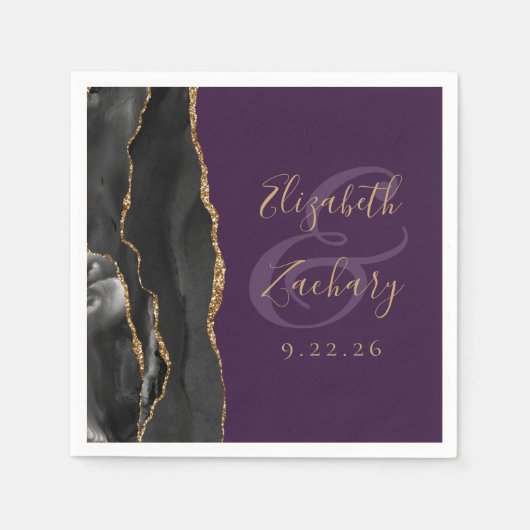 Agate Script Black Gold Deep Lila Hochzeit Serviette (Vorderseite)
