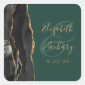 Agate Script Black Gold Smarald Green Wedding Quadratischer Aufkleber (Vorderseite)