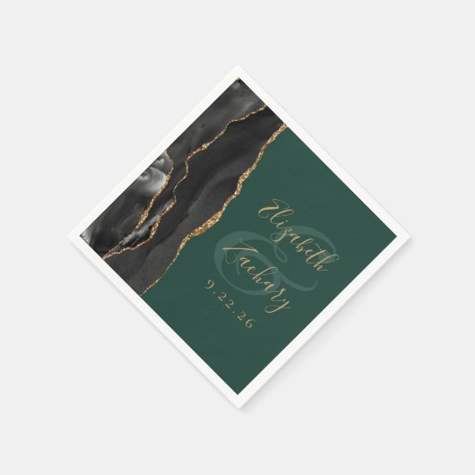 Agate Script Black Gold Smarald Green Wedding Serviette (Ecke)