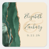 Agate Script Emerald Green Gold Champagne Wedding Quadratischer Aufkleber (Vorderseite)