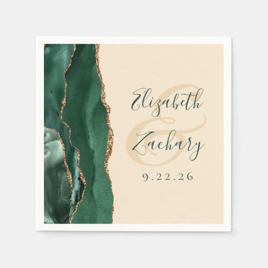 Agate Script Emerald Green Gold Champagne Wedding Serviette (Vorderseite)