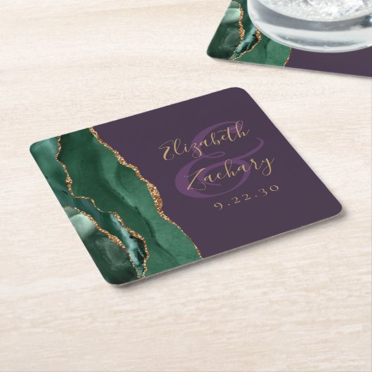 Agate Script Emerald Green Gold Lila Hochzeit Rechteckiger Pappuntersetzer (angewinkelt)