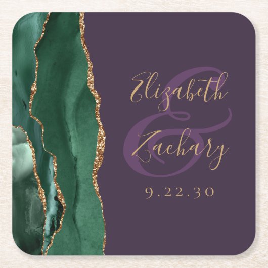 Agate Script Emerald Green Gold Lila Hochzeit Rechteckiger Pappuntersetzer (Vorderseite)