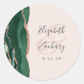 Agate Script Emerald Green Rose Gold Blush Wedding Runder Aufkleber (Vorderseite)