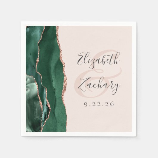 Agate Script Emerald Green Rose Gold Blush Wedding Serviette (Vorderseite)