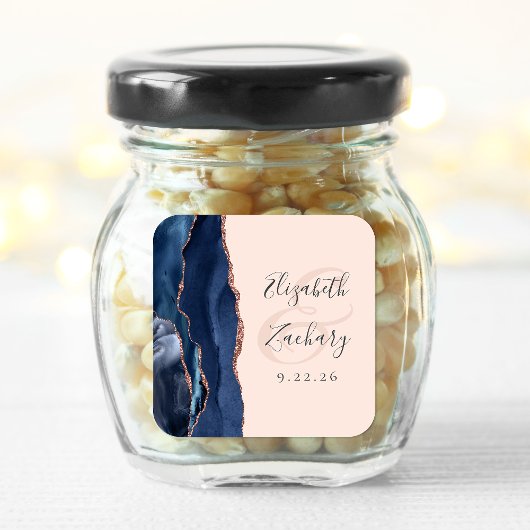 Agate Script Navy Blue Rose Gold Blush Wedding Quadratischer Aufkleber