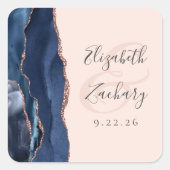 Agate Script Navy Blue Rose Gold Blush Wedding Quadratischer Aufkleber (Vorderseite)