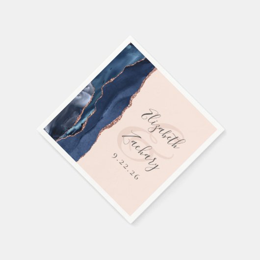 Agate Script Navy Blue Rose Gold Blush Wedding Serviette (Ecke)