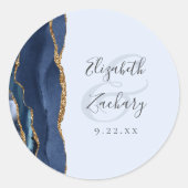 Agate Script Navy Pale Blue Gold Wedding Runder Aufkleber (Vorderseite)