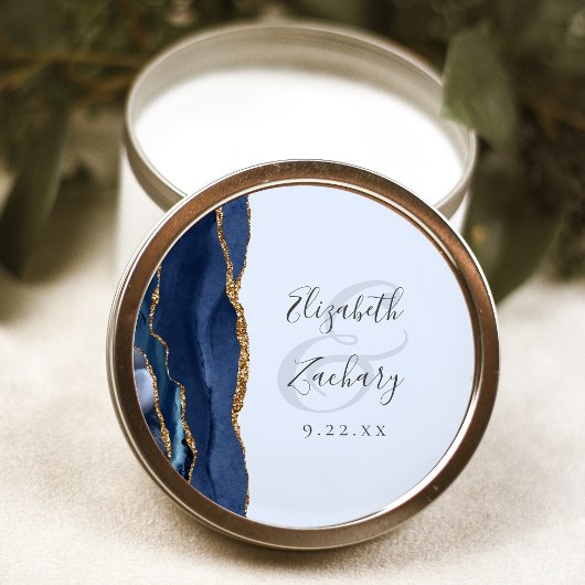 Agate Script Navy Pale Blue Gold Wedding Runder Aufkleber