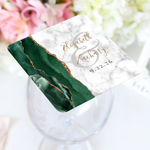 Agate Script Smarald Green Gold Marble Wedding Rechteckiger Pappuntersetzer