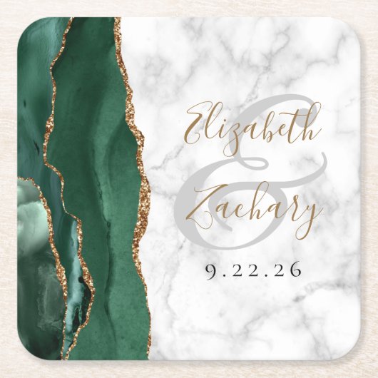 Agate Script Smarald Green Gold Marble Wedding Rechteckiger Pappuntersetzer (Vorderseite)