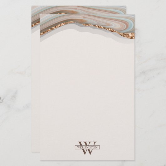 Agate Stone Marble Monogram Name Stationery Paper Briefpapier (Vorne/Hinten)
