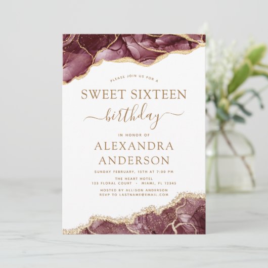 Agate Sweet 16 Birthday Burgundy Gold Einladung (Stehend Vorderseite)