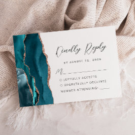 Agate Teal Rose Gold Modern Script Wedding RSVP Karte