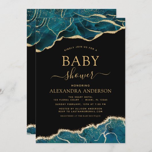 Agate Turquoise Baby Dusche Aquamarin Gold Blue Ei Einladung (Vorne/Hinten)