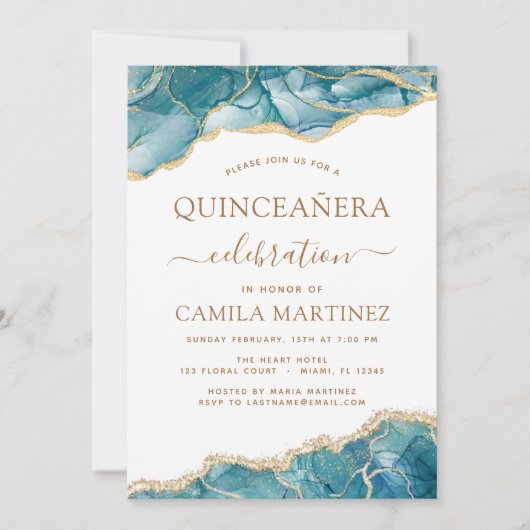 Agate Turquoise Quinceañera Aquamarin Gold Blue Ei Einladung (Vorderseite)
