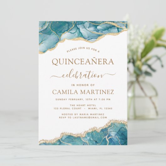 Agate Turquoise Quinceañera Aquamarin Gold Blue Ei Einladung (Stehend Vorderseite)