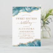 Agate Turquoise Sweet 16 Aquamarin Gold Einladung (Stehend Vorderseite)