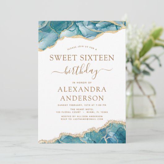 Agate Turquoise Sweet 16 Aquamarin Gold Einladung (Stehend Vorderseite)