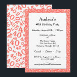 Age 40 Random Number Pattern Coral/White 40th Einladung<br><div class="desc">Milestone number 40: Send personalized coral and white birthday party invitations to celebrate the over-the-hill 40th birthday of someone special. The 40th party theme on the back is a number pattern with the coral milestone number 40 scattered in a random pattern, in varied sizes and angles, over a white background....</div>