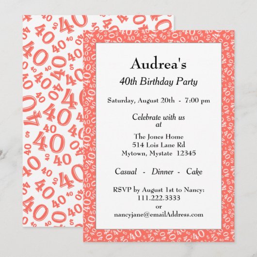Age 40 Random Number Pattern Coral/White 40th Einladung (Vorne/Hinten)