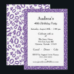 Age 40 Random Number Pattern Purple/White 40th Einladung<br><div class="desc">Milestone number 40: Send personalized purple and white birthday party invitations to celebrate the over-the-hill 40th birthday of someone special. The 40th party theme on the back is a number pattern with the purple milestone number 40 scattered in a random pattern, in varied sizes and angles, over a white background....</div>