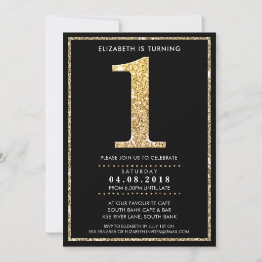 AGE NUMMER INVITE Modernes 1 Gold Glitzer Schwarz Einladung (Vorderseite)