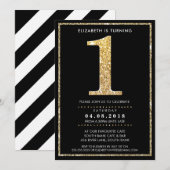 AGE NUMMER INVITE Modernes 1 Gold Glitzer Schwarz Einladung (Vorne/Hinten)