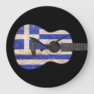 Aged and Worn Greek Flag Acoustic Guitar, black Große Wanduhr
