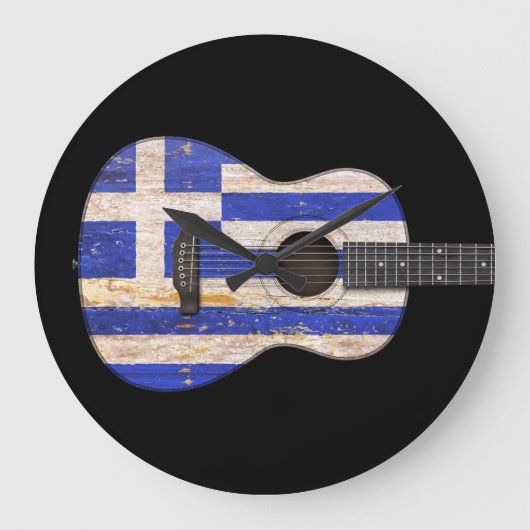 Aged and Worn Greek Flag Acoustic Guitar, black Große Wanduhr (Vorderseite)
