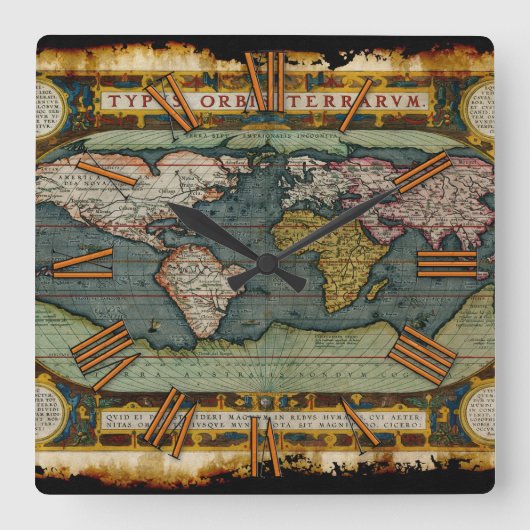 Aged Antique Old World Map History Designer Clock Quadratische Wanduhr (Vorderseite)