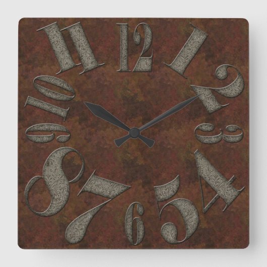 Aged Embossed Metal Large Numbers Rusty Background Quadratische Wanduhr (Vorderseite)